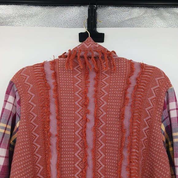 Gimmicks by BKE Open Front Fringe Cardigan Size Large Multicolor Plaid Boho - Picture 7 of 13